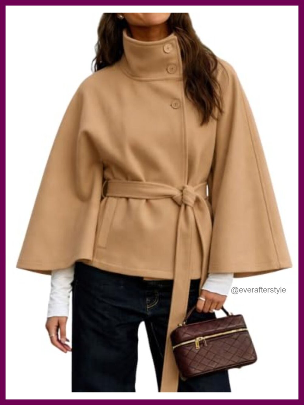 Hooever Batwing Sleeve Poncho Wool Blend Pea Coat Belted Women's
